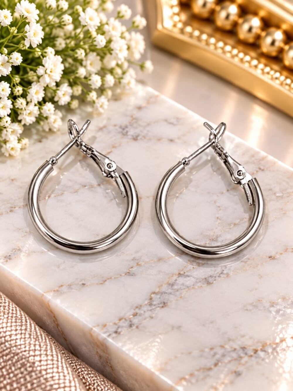 Silver Polished Hoop Earrings Classic Medium Hoops - Women's Fashion Jewelry